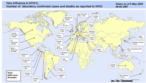 As of May 9, 2009, thge swine flu virus had spread to 29 countries. (Image source: WHO) Click to enlarge