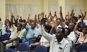 A meeting of shareholders of the Building and Loan Association in Kingstown on Thursday, Feb. 21, 2013, unanimously passed a resolution mandating talks with the Financial Services Authority.  (Photo: I-Witness News)