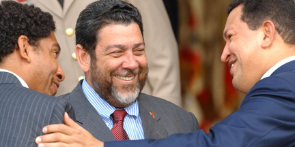 In this undated photo, Venezuela’s Hugo Chavez, right, is seen with Vincentian Prime Minister, Dr. Ralph Gonsalves, centre, and Gonsalves’ son, Camillo, SVG’s envoy to the United Nations. Chavez died on Tuesday, March 5, 2013. (Photo: SVG U.N. Mission)